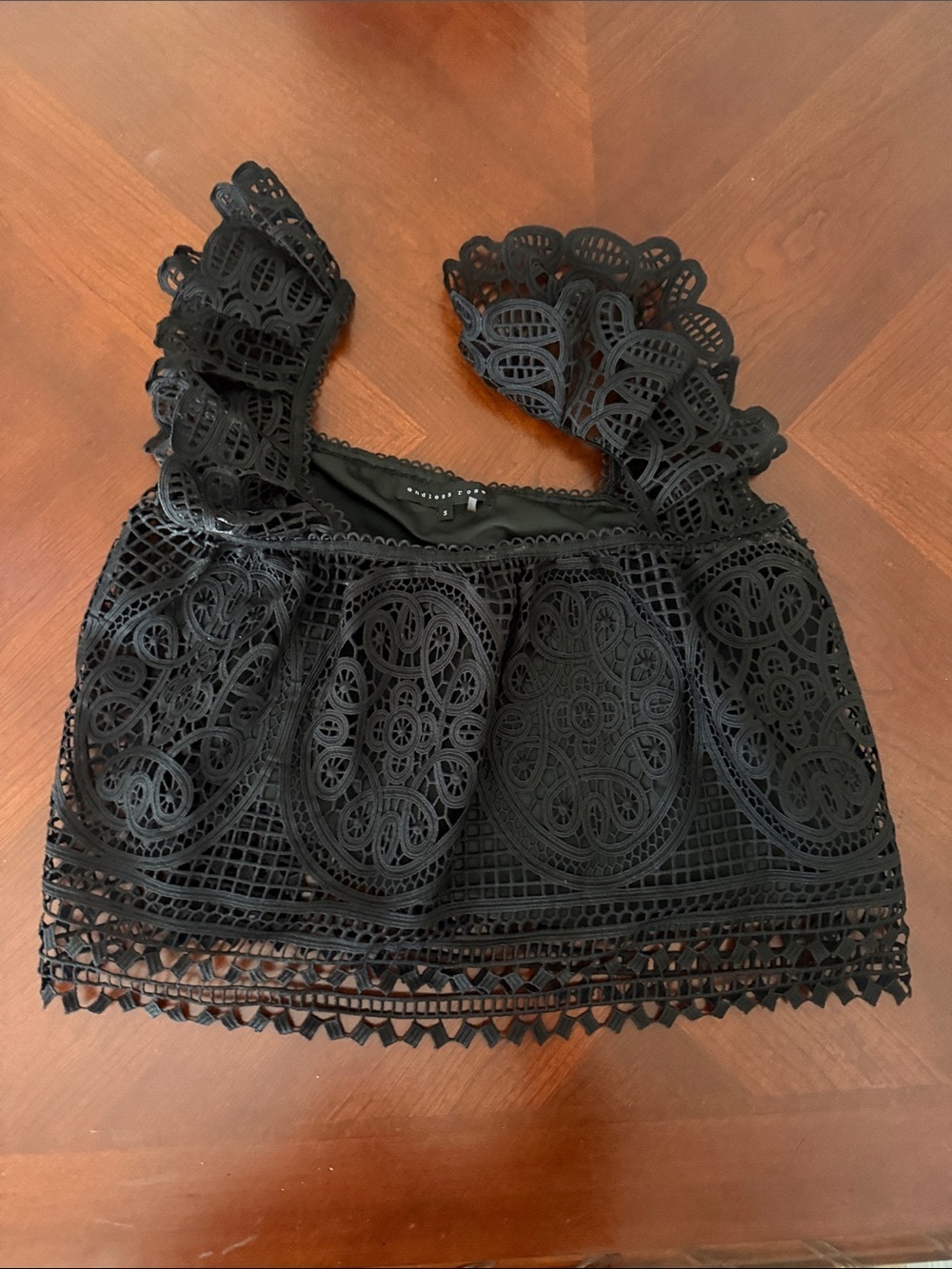 Endless Rose Black Crochet Lace Crop Tank with Scalloped Straps